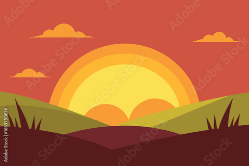 A vibrant sunset over rolling hills, casting a warm glow across the landscape, evoking a sense of peace and tranquility in nature