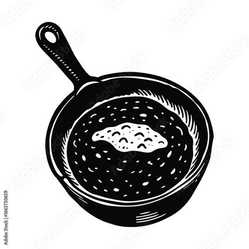 Black and white illustration of a skillet with food and a dollop of sour cream