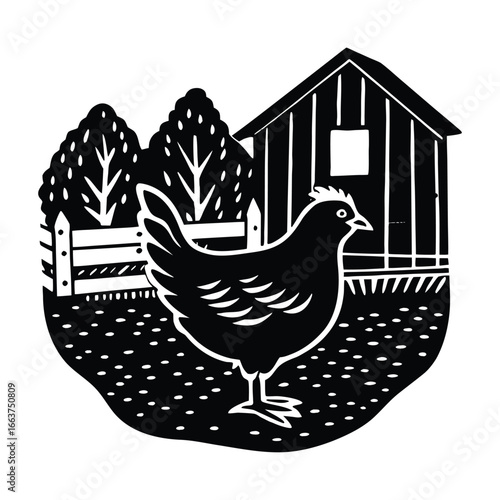 Black and white illustration of a chicken in a farmyard with a barn and trees