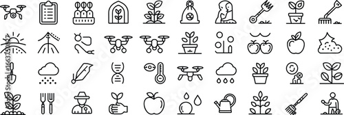 Agriculture farming icon set, outline vector design for gardening, crop cultivation, drone farming, organic food, farmer tools, plant growth