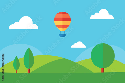 A colorful hot air balloon floating over green hills and trees under a cloudy blue sky, creating a whimsical and adventurous landscape