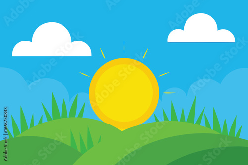 A bright sun shining over green hills with fluffy clouds in a blue sky, creating a peaceful and idyllic summer landscape scene