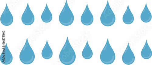 Water drop icons set, blue liquid droplets vector, rain, hydration, purity, eco, clean water, freshness, environment, sustainability