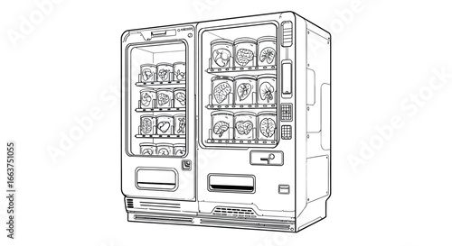 Monochrome vending machine line art with refreshing drinks and snacks displayed