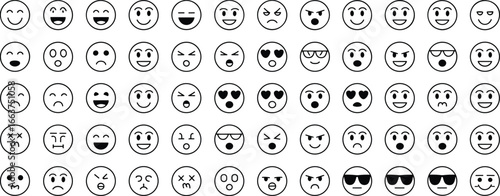 Emoji and emoticon icons set, outline vector smiley faces, happy, sad, angry, laughing, love, shocked, cool, crying, social media