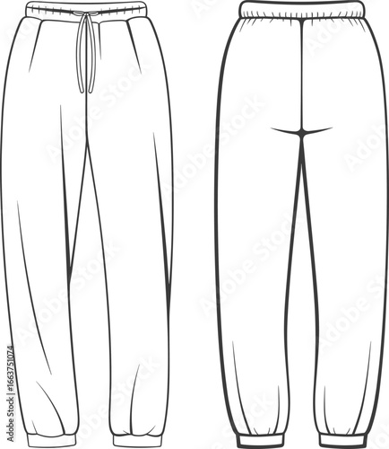 Flat vector technical sketch of casual jogger sweatpants front and back view, fashion cad drawing template for apparel design, loungewear, activewear, illustration.