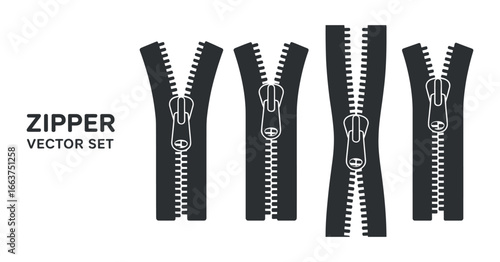 Zipper Vector Set Illustration with Open and Closed Fasteners for Clothing and Accessories Design Projects