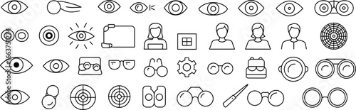Eye and vision icons set, outline vector ophthalmology, optometry, glasses, eyesight check, medical eye care, optical clinic, binoculars
