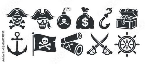 Pirate Icon Collection Illustration with Skull, Hook, Treasure, Flag, and Other Nautical Elements for Adventure Themes