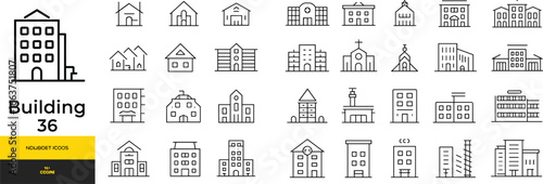 Building icon set with houses, offices, apartments, hospitals, schools, and churches, modern real estate and architecture vector collection