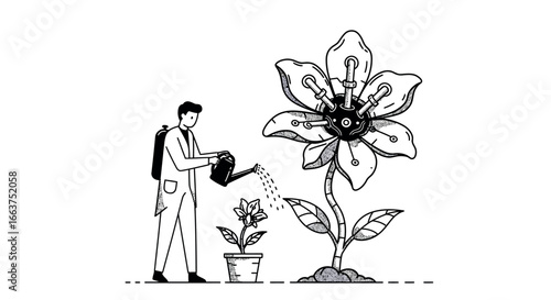 Tech garden concept with man watering robot flower in black and white illustration
