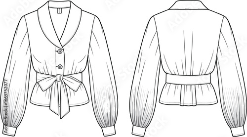 Elegant women's blouse with shawl collar, long puff sleeves, button front, waist tie belt, stylish fashion design, front and back views.