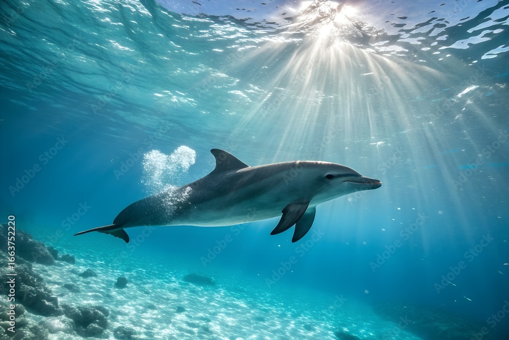 Fototapeta premium Graceful Underwater View of a Dolphin Swimming in Sunlight
