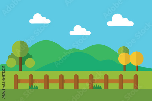 A serene countryside landscape featuring rolling green hills, a wooden fence, and fluffy white clouds in a clear blue sky, creating a peaceful scene