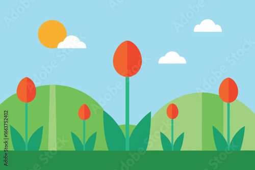 A vibrant tulip field under a sunny sky, with rolling green hills and fluffy clouds creating a colorful and cheerful springtime landscape scene