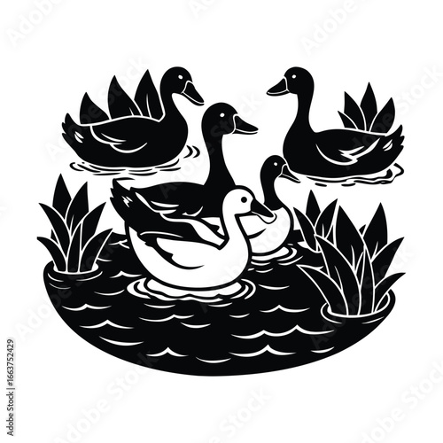 A flock of ducks swimming in a pond with reeds