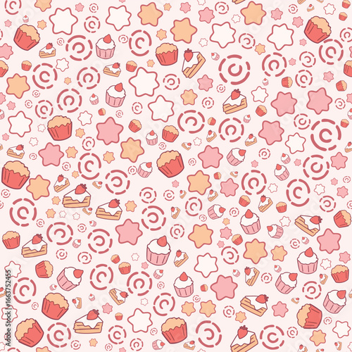 Chibi Dessert Seamless Pattern – Cute Cakes, Muffins, and Cupcakes in Pastel Pink Vector Style