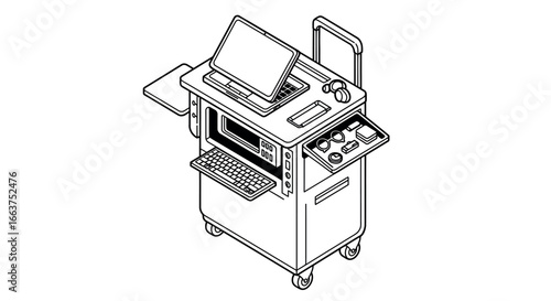 Isometric mobile workstation with computer and control panel on wheels