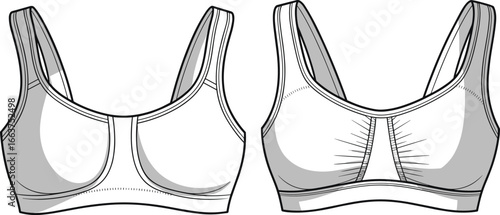 Front and back view of women’s sports bra technical flat sketch, activewear design, fashion illustration for clothing design and production