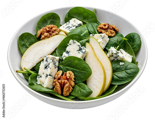 Spinach salad with pear and gorgonzola , isolated on transparent background, png