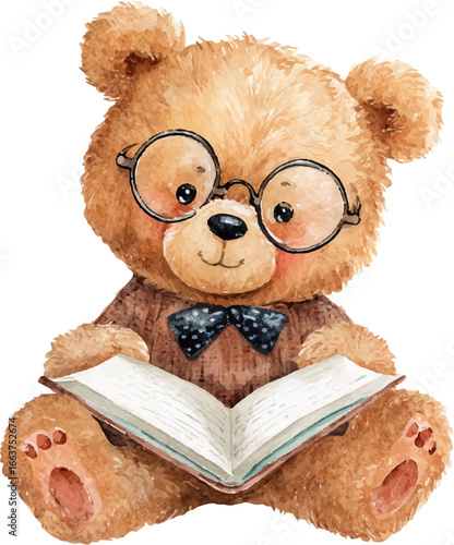 A cute cuddly Teddy Bear in round glasses reading a book, watercolor illustration.