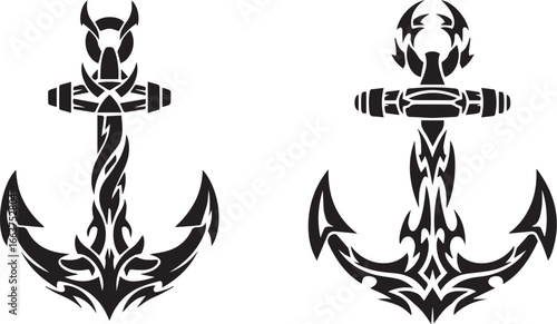 Minimalist black and white tribal anchor icons – bold symmetrical silhouettes with flame crests, horned faces, and tattoo-style linework.
