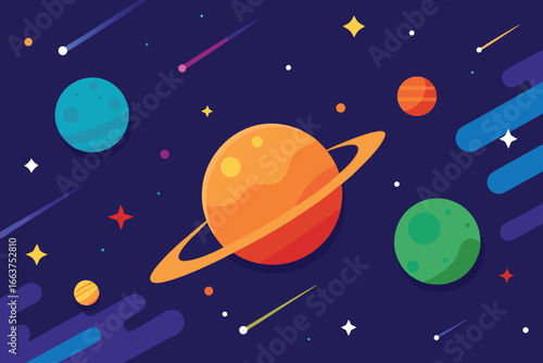 Cartoon illustration of planets, comets, and stars in a vibrant galaxy, perfect for science fiction and space exploration themes