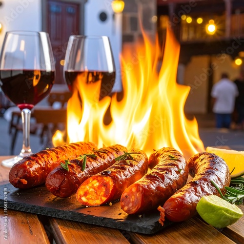 Grilled chorizo sausages with wine by a fire
