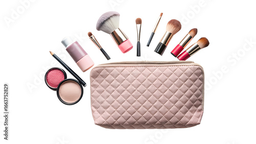 Makeup bag with assorted beauty products and brushes isolated on transparent background for creating a beautiful look