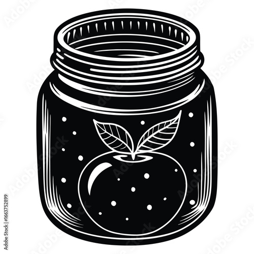 Black and white illustration of a jar with an apple and leaves