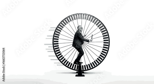 Businessman balancing on a giant clockwork gear in monochrome design
