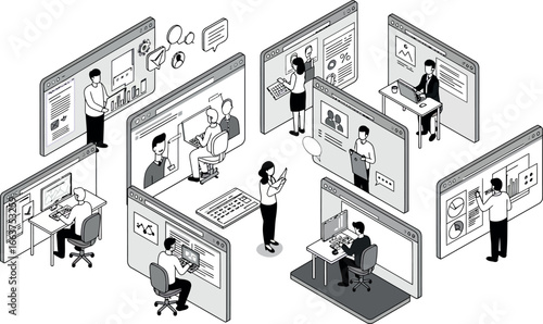 Isometric online collaboration in office environment with interactive digital interfaces
