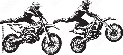 Minimalist black and white motocross stunt icons – dynamic dirt bike silhouettes with airborne leg extensions and freestyle motion.