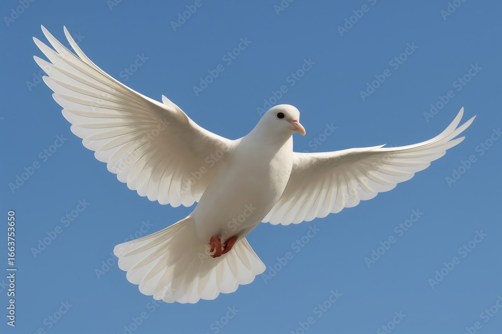 Fototapeta premium White dove soaring gracefully against a clear blue sky, embodying peace, spirituality, and freedom
