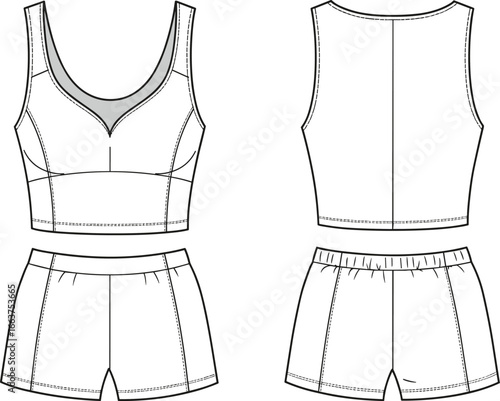 Women's Activewear Set Technical Drawing, Cropped Tank Top and High-Waist Shorts, Modern Athleisure Vector, Editable Template for Designers, SEO Maintained, Flat Vector
