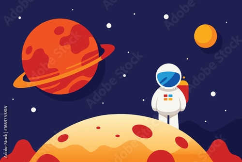An astronaut standing on a planet surface, gazing at a ringed planet in the vastness of space, surrounded by stars and cosmic wonders