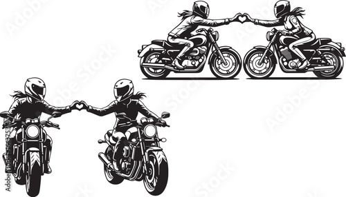 Minimalist black and white motorcycle camaraderie icons – biker silhouettes on cruiser and sport bikes exchanging a fist bump.