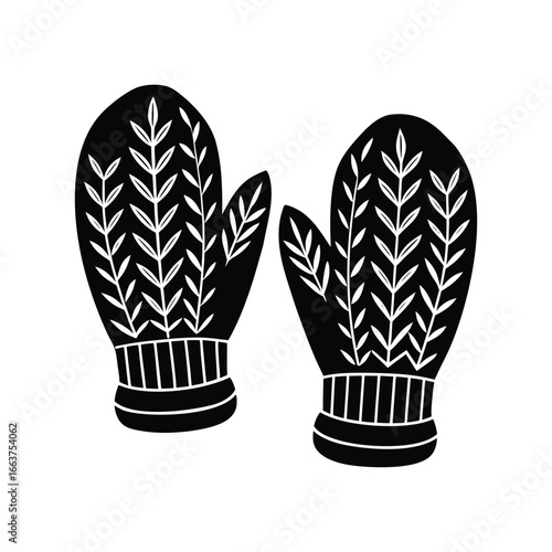 Black and white illustration of knitted winter mittens with leaf pattern