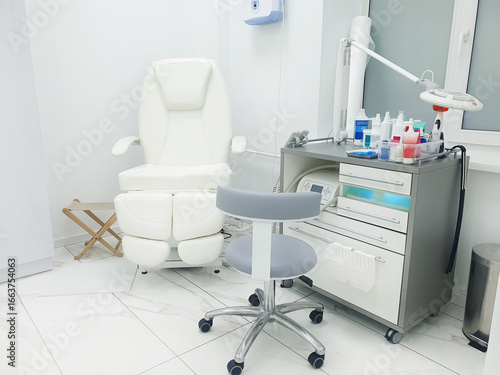 Podologist's office in a spa salon. Empty, equipped with modern tools, equipment, and cosmetics