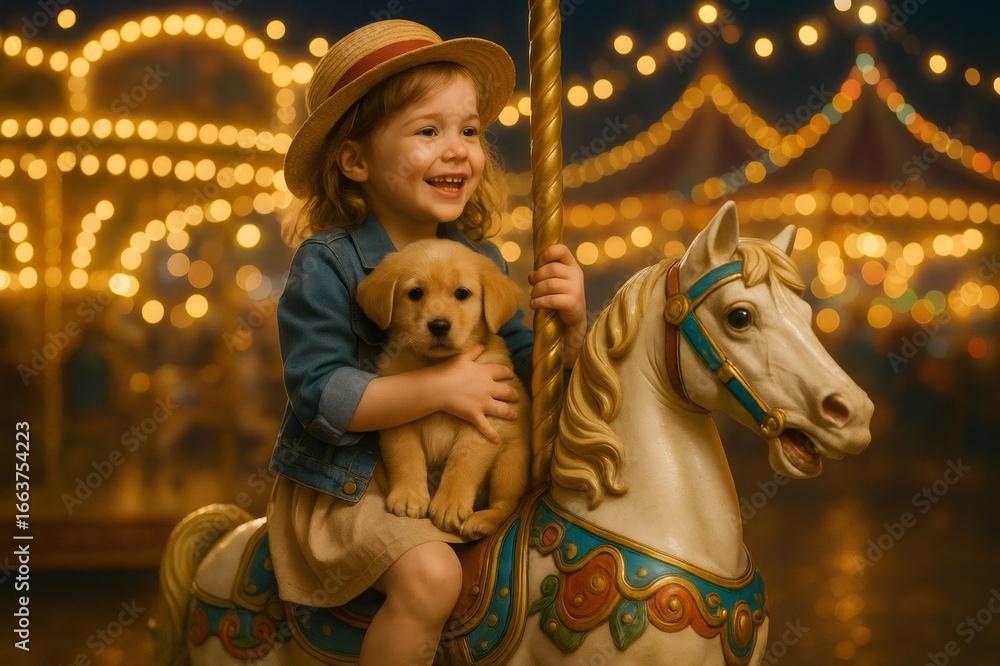 Joyful child with hat holding golden retriever puppy riding vintage carousel horse at night in amusement park with bokeh lights Joyful child with hat holding golden retriever puppy riding vintage carousel horse at night in amusement park with bokeh lights