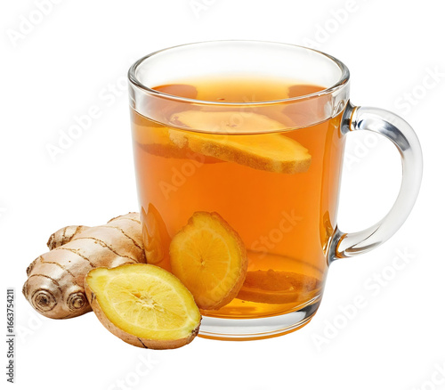 Ginger–honey tea in a clear cup , isolated on transparent background, png