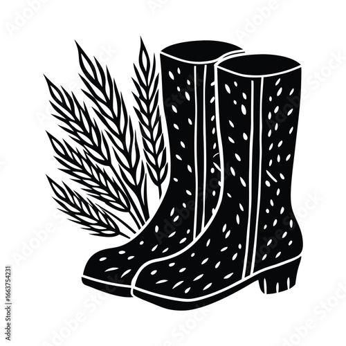 Black and white illustration of rubber boots and wheat stalks