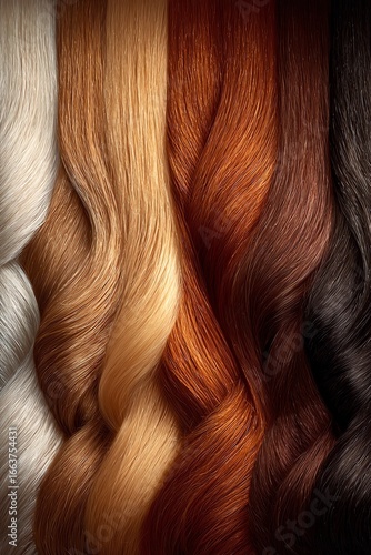 hair color sections of silky smooth human hair in different colors, arranged side by side in soft vertical waves platinum blonde, chocolate brown, black