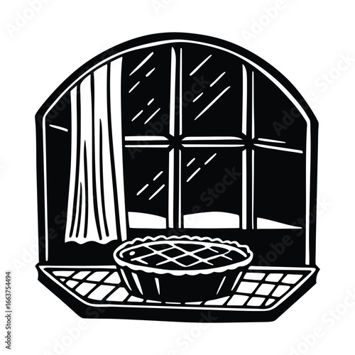Black and white illustration of a pie on a windowsill with curtains and a window