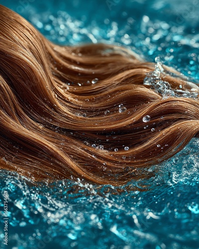 a close-up of hair being washed with shampoo, wavy brown hair floating on top of clear blue water