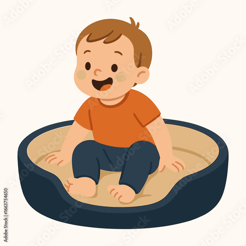 Young boy sitting happily in a pet bed on light background  