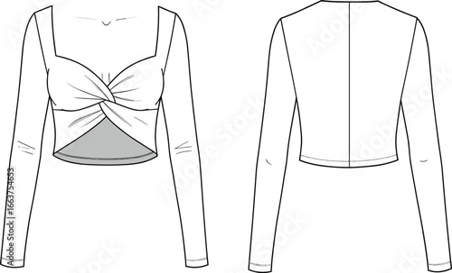  Women's Long Sleeve Sheath Dress Technical Drawing, Round Neckline, Fitted Bodice, Modern Apparel Vector, Editable Template for Designers, SEO Maintained, Flat Vector