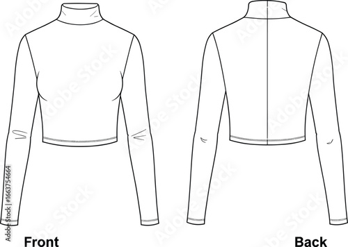  Women's Long Sleeve Cropped Turtleneck Top Technical Drawing, Close-Fitting Design, Modern Apparel Vector, Editable Template for Designers, SEO Maintained, Flat Vector