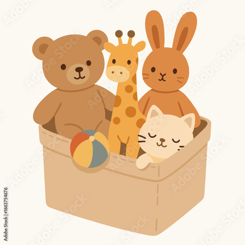 Cute stuffed animals in a box with a colorful ball and soft toys  