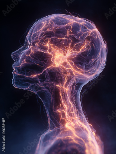 Unique stylized head with transparent appearance revealing a brain and intricate neural patterns executed in vivid colors, symbolizing the connection between mind and body